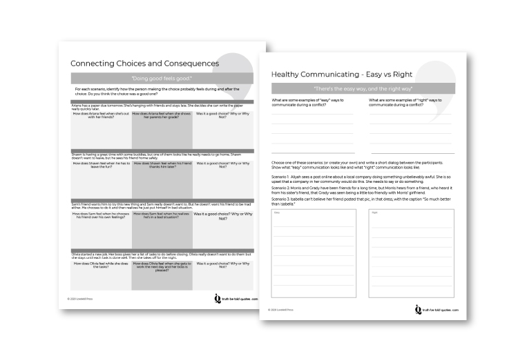 Activities and worksheets for teen wellness and character values